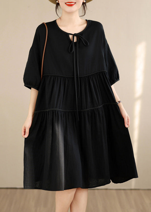 Loose Black O Neck Wrinkled Patchwork Cotton Mid Dress Summer