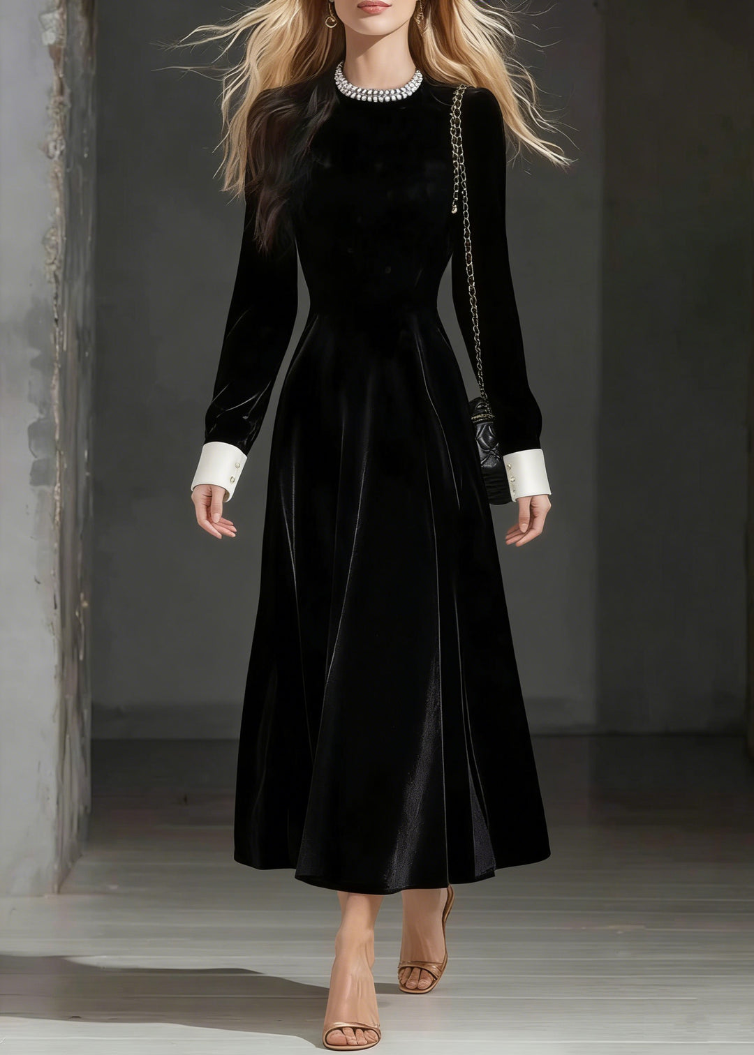 Loose Black O-Neck Zircon Silk Velvet Party Dress Spring - Omychic