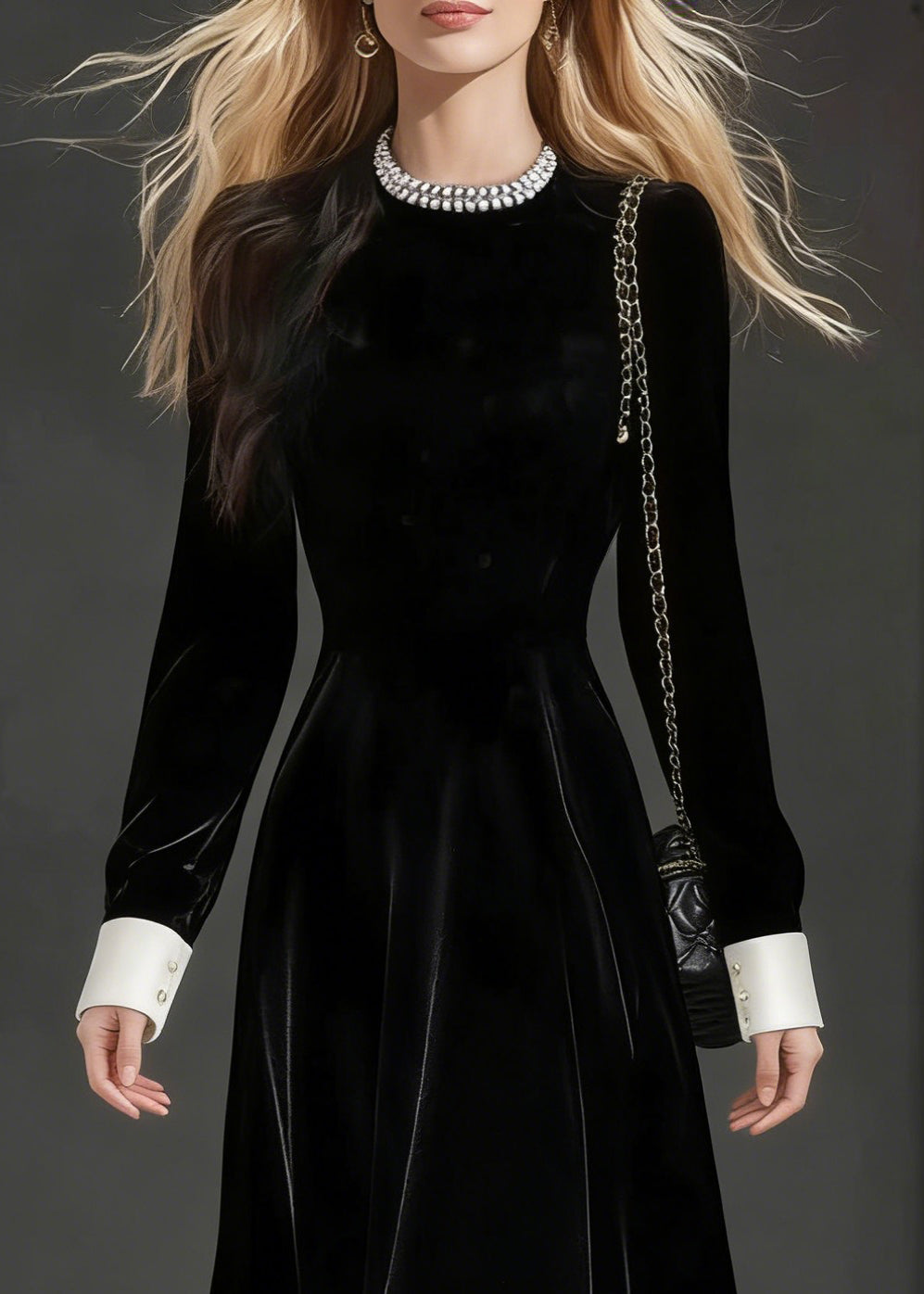 Loose Black O-Neck Zircon Silk Velvet Party Dress Spring - Omychic