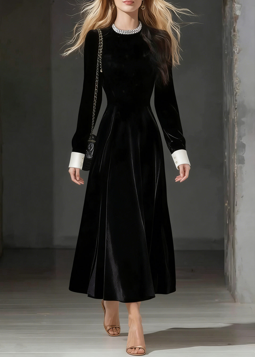 Loose Black O-Neck Zircon Silk Velvet Party Dress Spring - Omychic