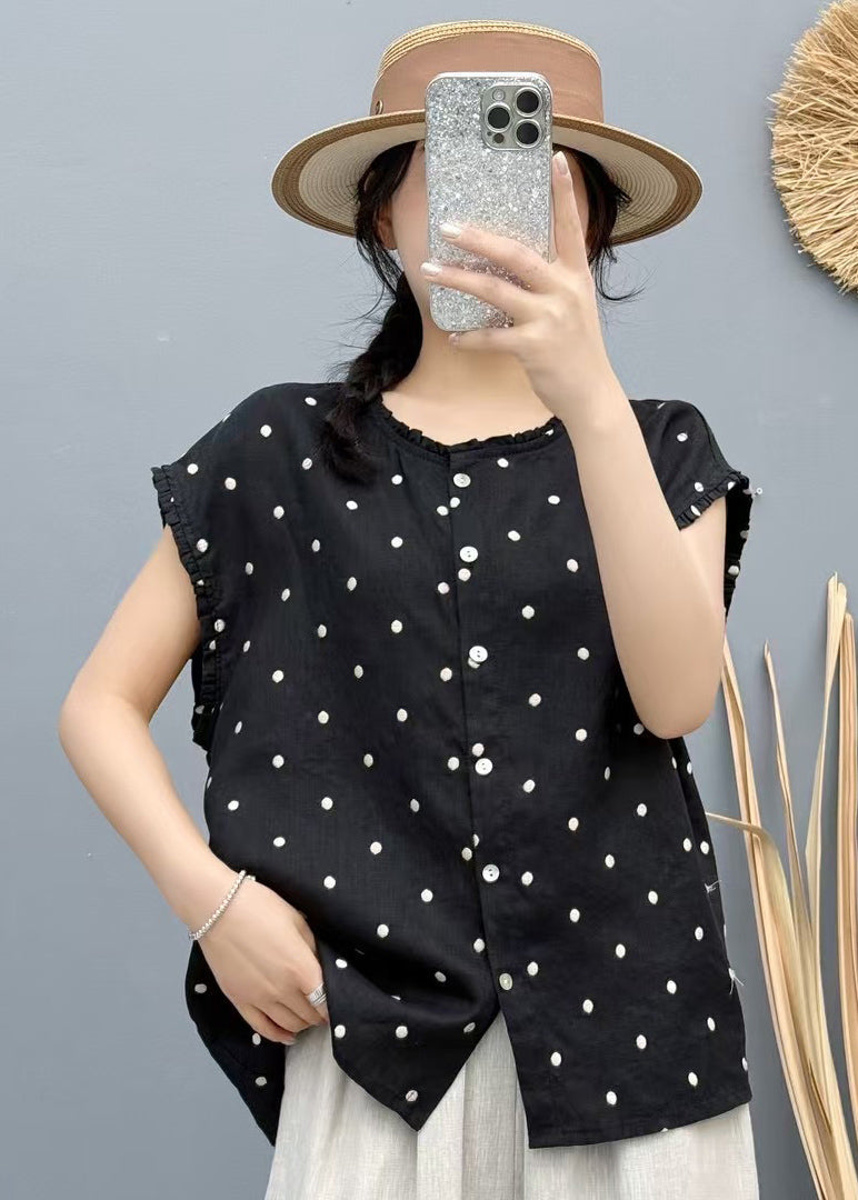 Loose Black Oversized Dot Linen Tank Sleeveless