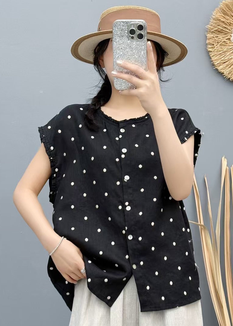 Loose Black Oversized Dot Linen Tank Sleeveless