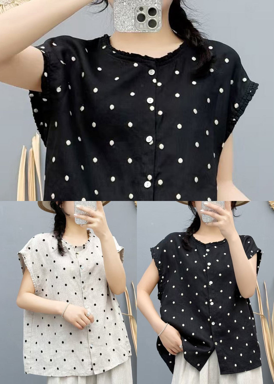 Loose Black Oversized Dot Linen Tank Sleeveless