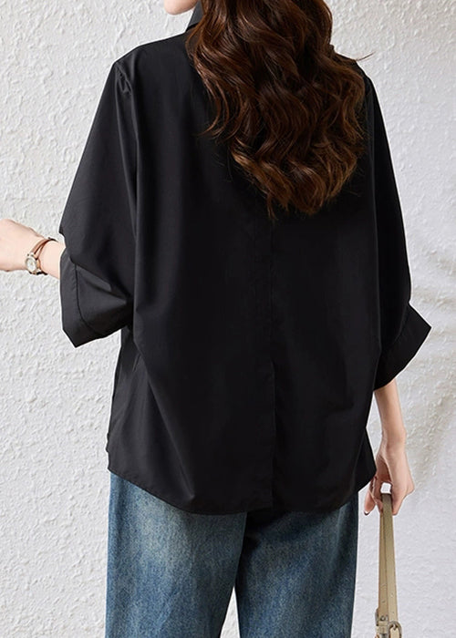 Loose Black Peter Pan Collar Button Cotton Blouse Bracelet Sleeve