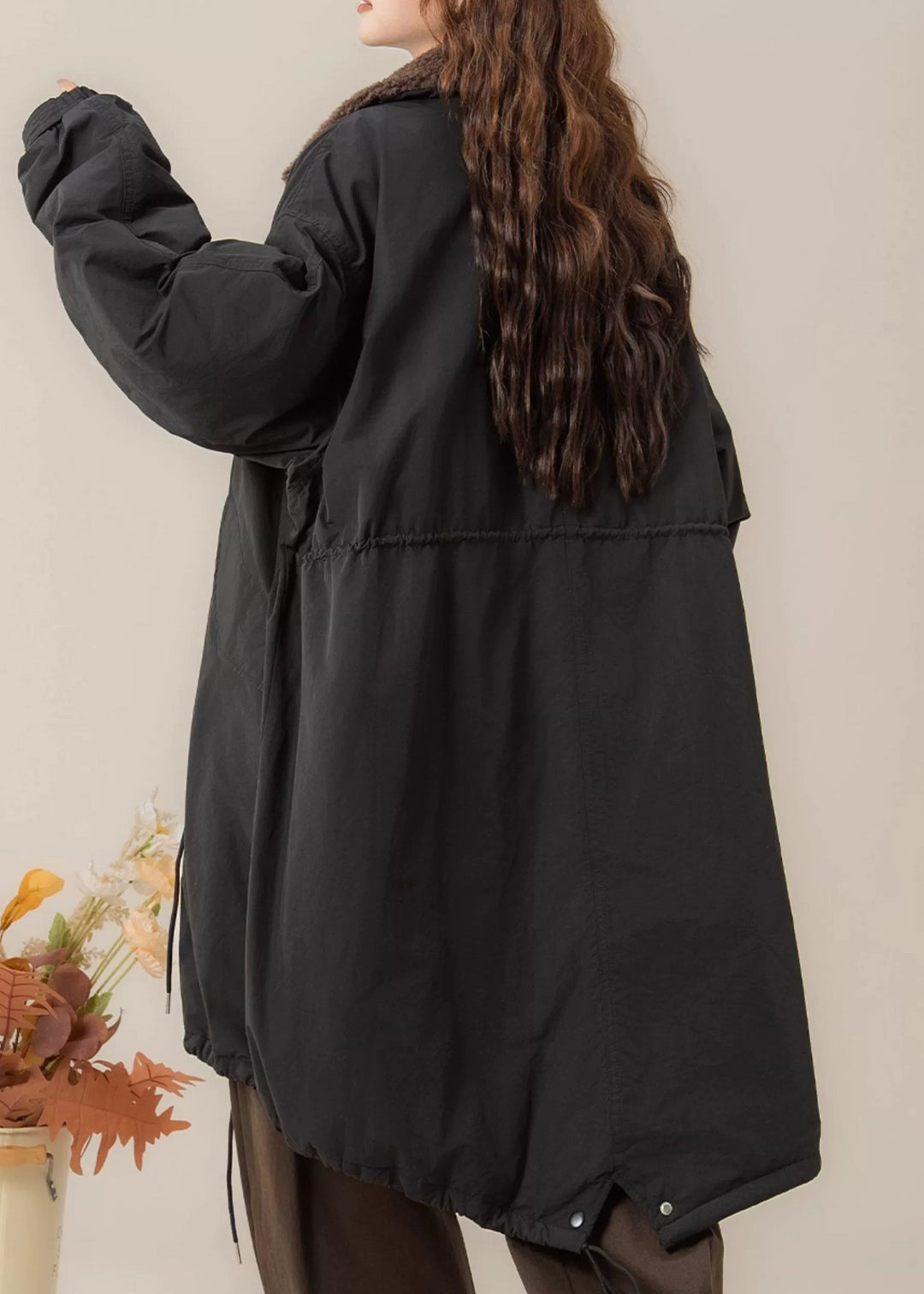 Loose Black Peter Pan Collar Pockets Patchwork Long Parkas Winter