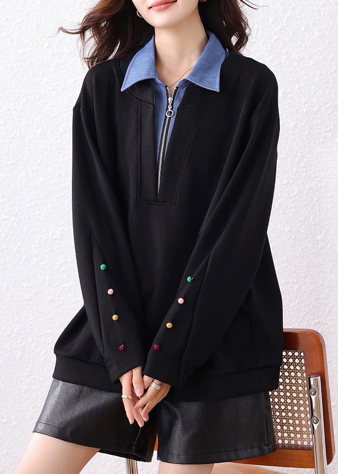 Loose Black Peter Pan Collar Zip Up Patchwork Cotton Sweatshirt Fall