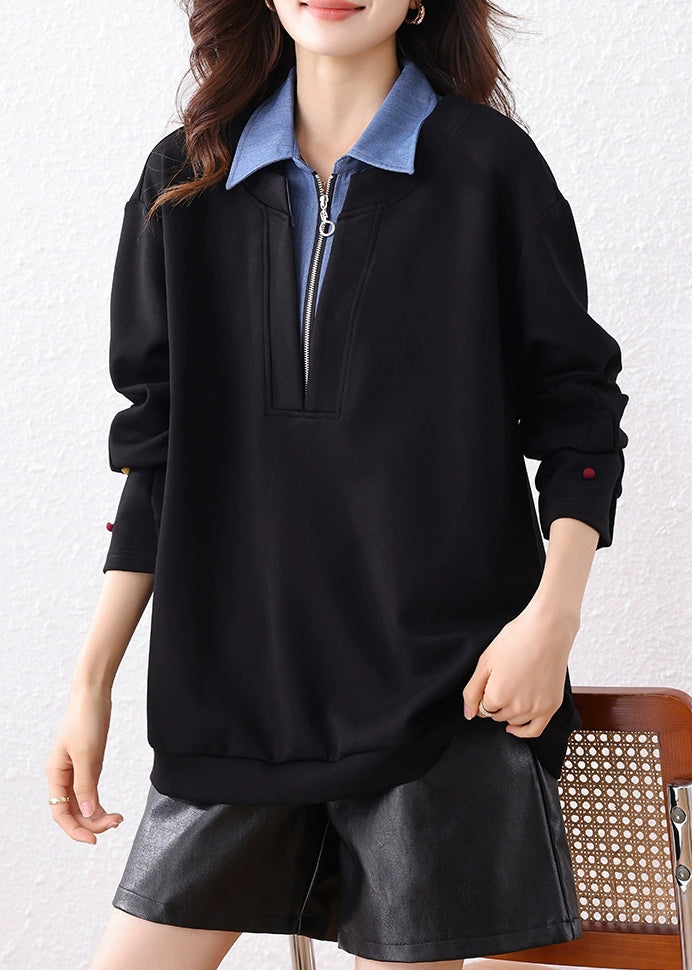 Loose Black Peter Pan Collar Zip Up Patchwork Cotton Sweatshirt Fall