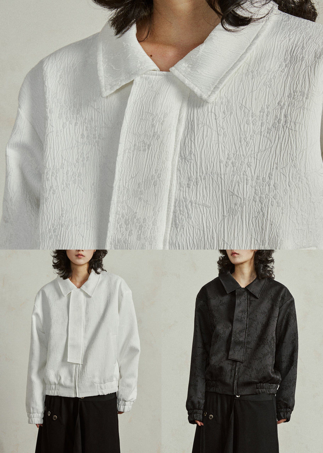 Loose Black Peter Pan Collar Zippered Silk Coats Fall