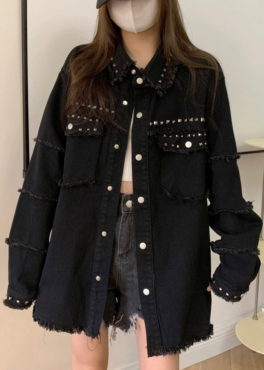 Loose Black Pockets Nail Bead Denim Coats Long Sleeve