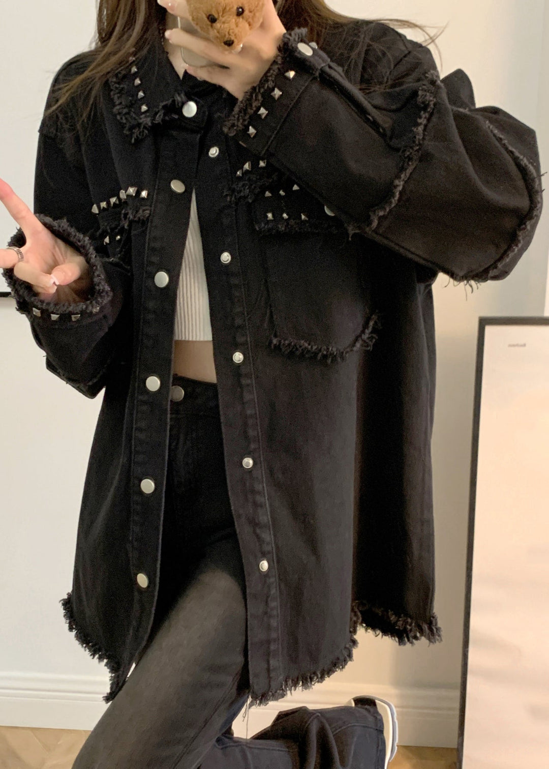 Loose Black Pockets Nail Bead Denim Coats Long Sleeve