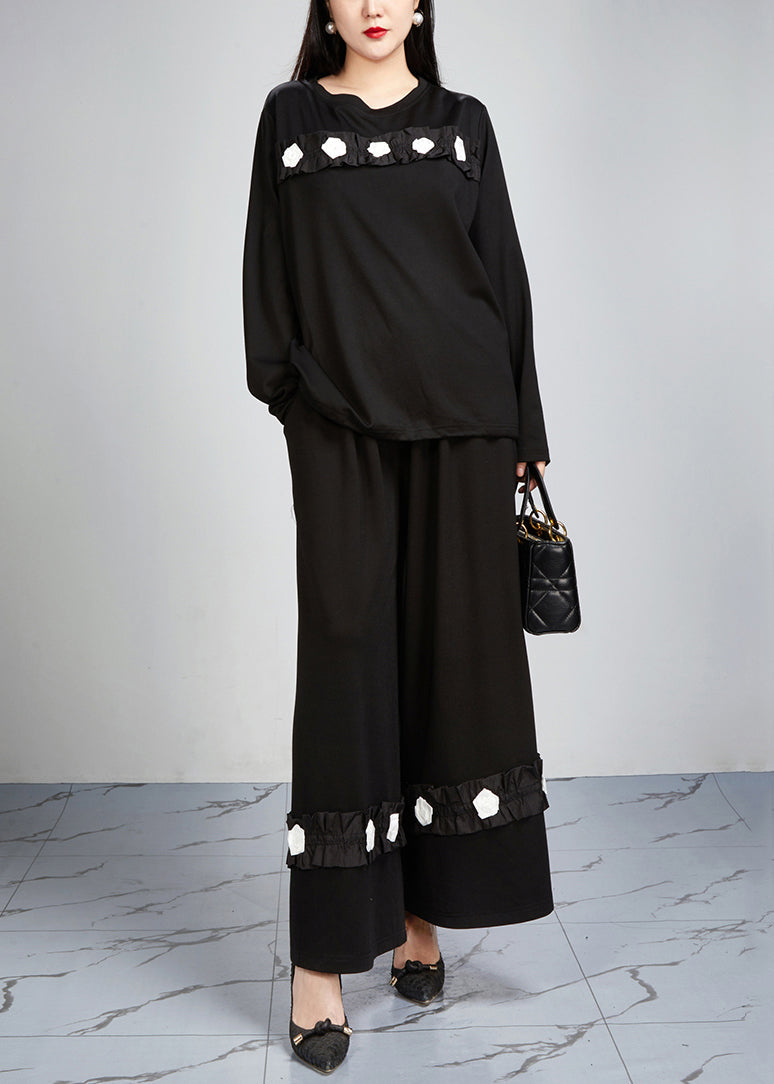 Loose Black Pockets Tops And Wide Leg Pants Cotton Two-Piece Set Fall - Omychic