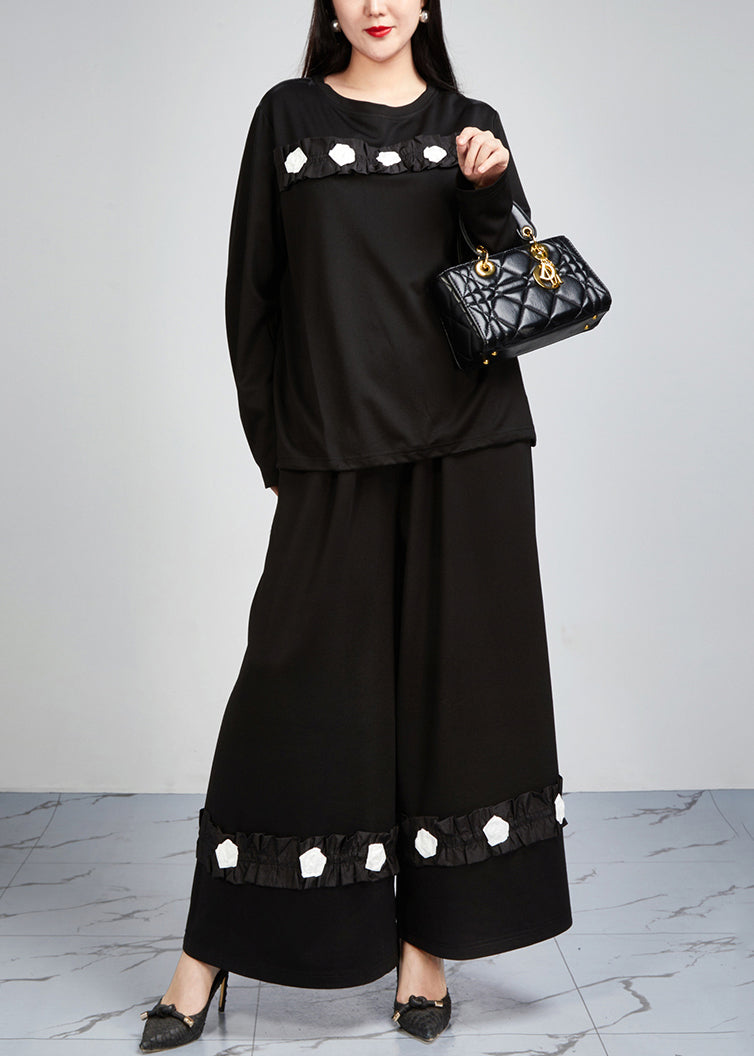Loose Black Pockets Tops And Wide Leg Pants Cotton Two-Piece Set Fall - Omychic