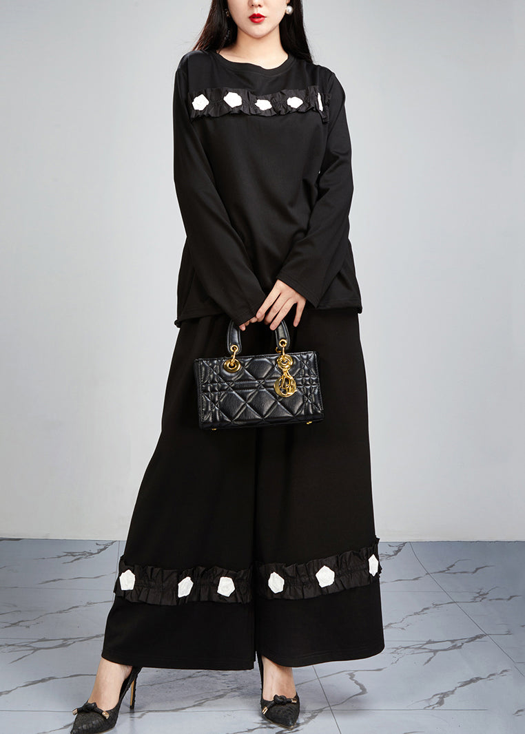 Loose Black Pockets Tops And Wide Leg Pants Cotton Two-Piece Set Fall - Omychic