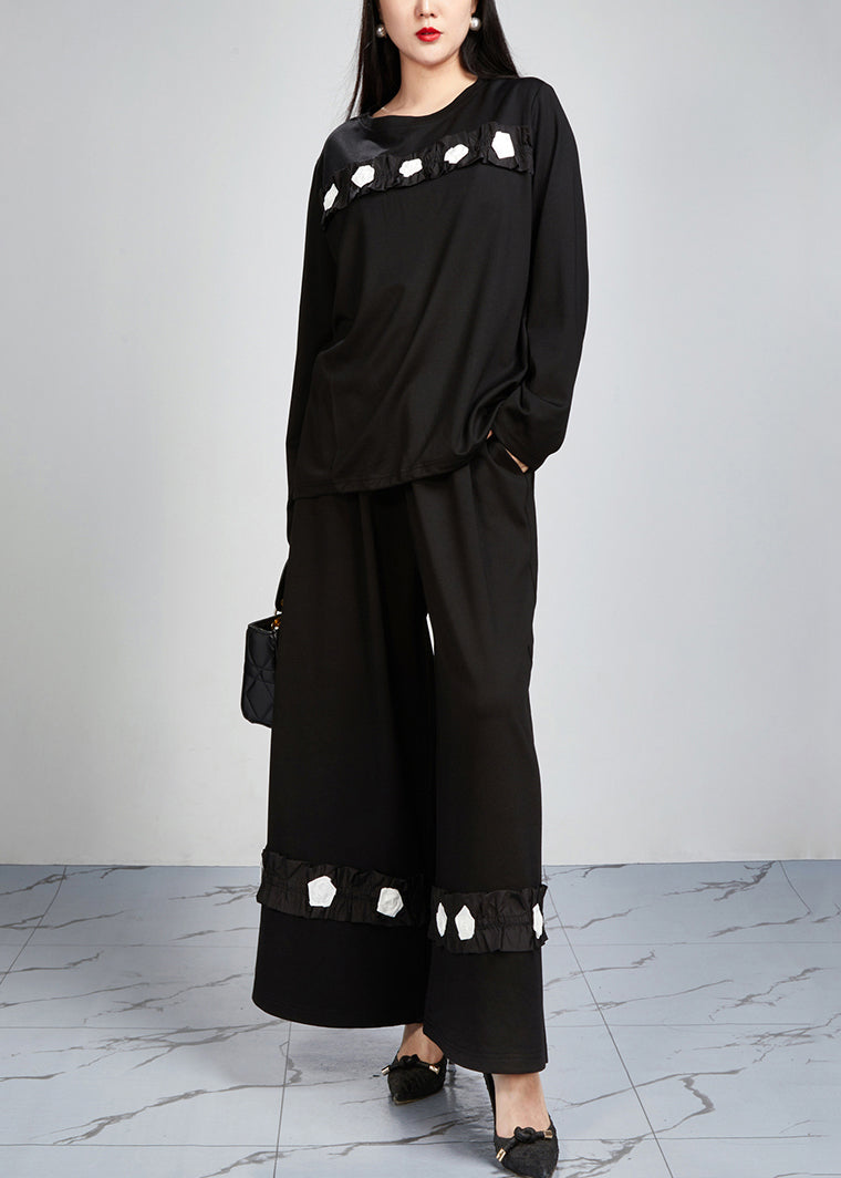 Loose Black Pockets Tops And Wide Leg Pants Cotton Two-Piece Set Fall - Omychic