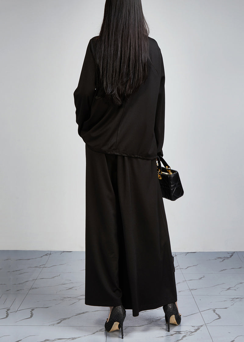 Loose Black Pockets Tops And Wide Leg Pants Cotton Two-Piece Set Fall - Omychic