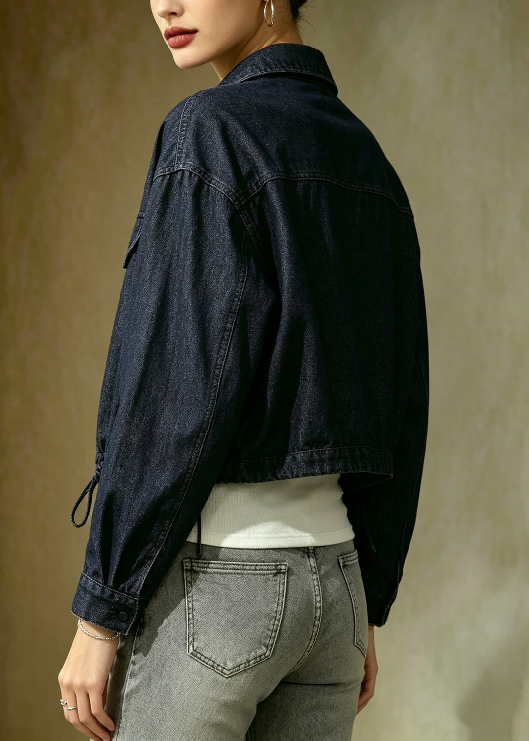 Loose Black Point Collar Drawstring Denim Jacket Fall