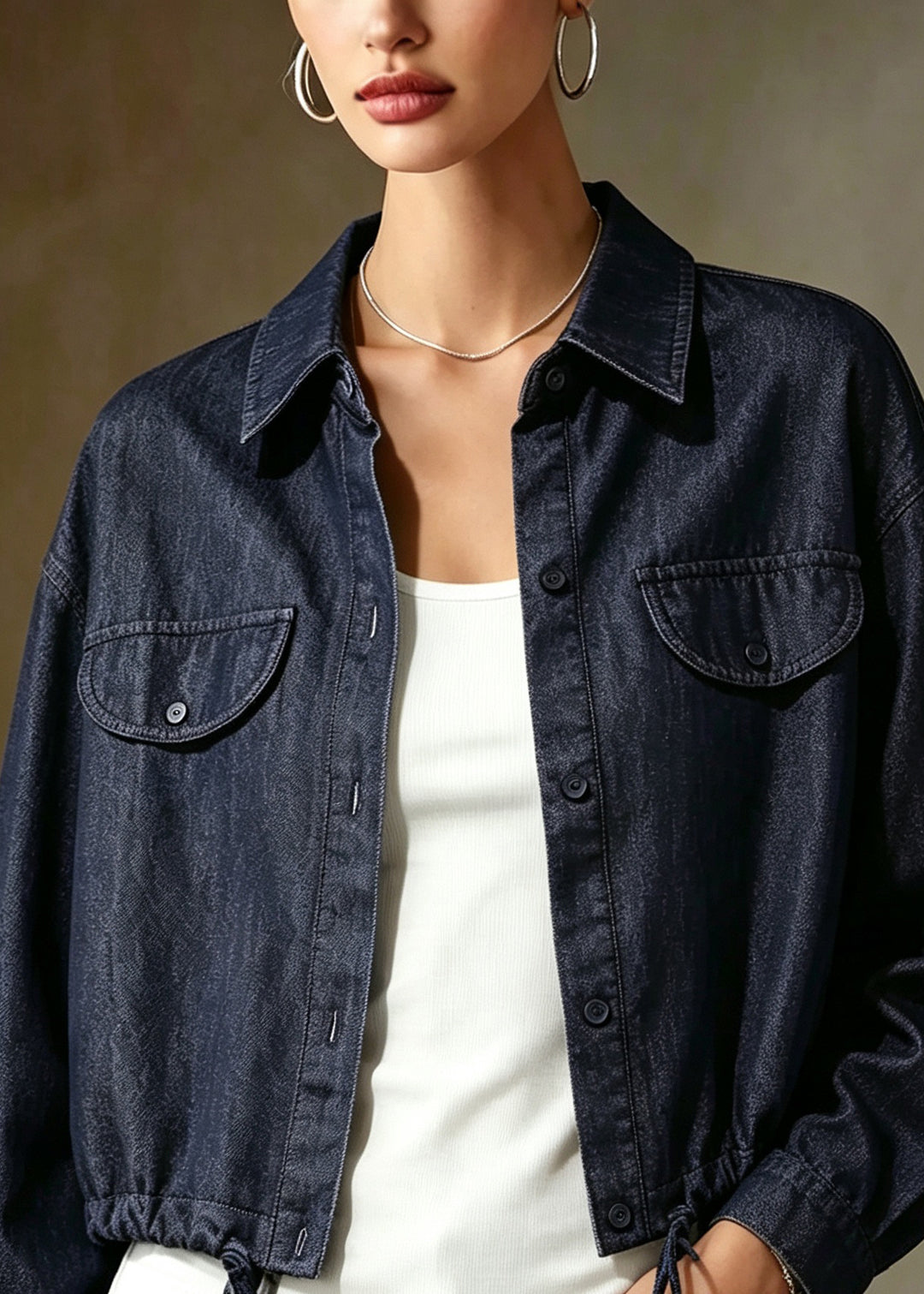 Loose Black Point Collar Drawstring Denim Jacket Fall