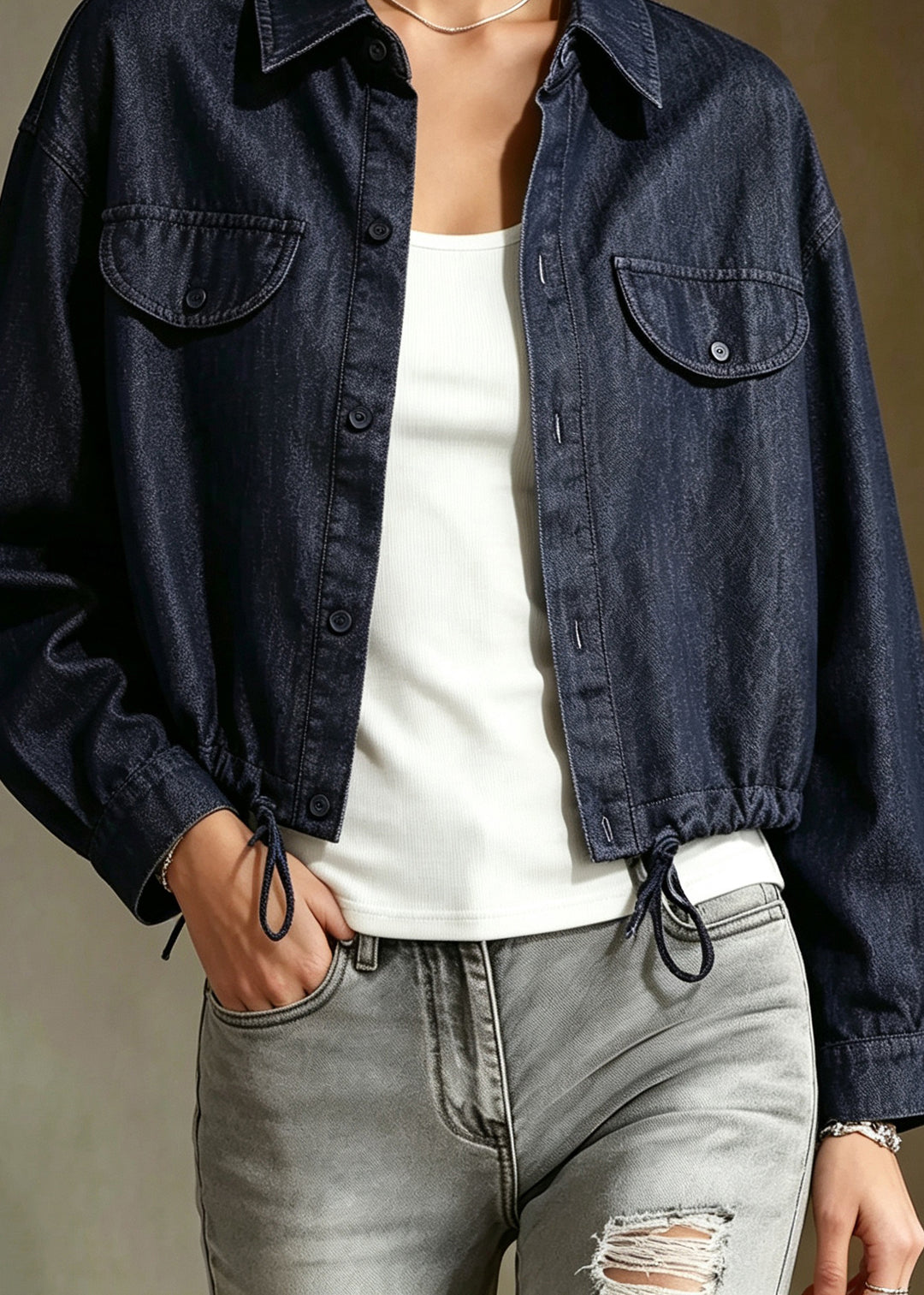 Loose Black Point Collar Drawstring Denim Jacket Fall
