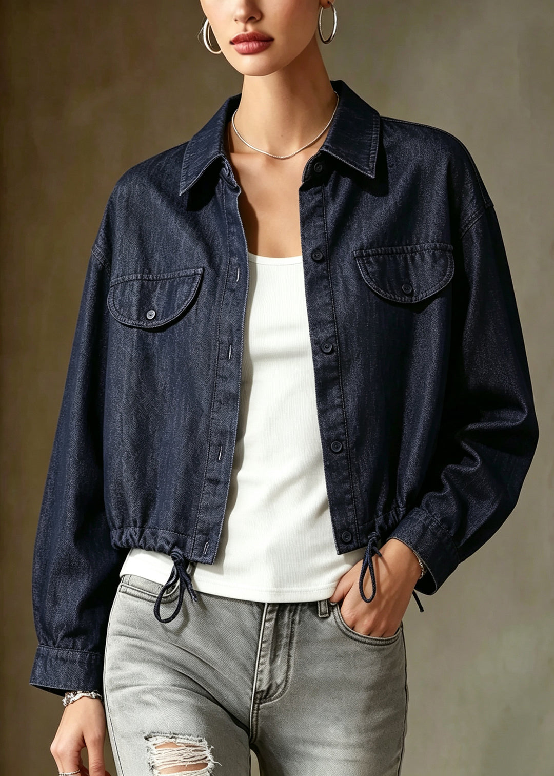 Loose Black Point Collar Drawstring Denim Jacket Fall