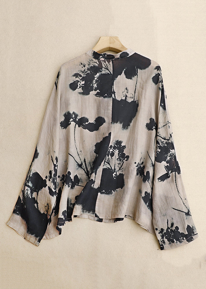 Loose Black Print Button Cotton Shirt Long Sleeve