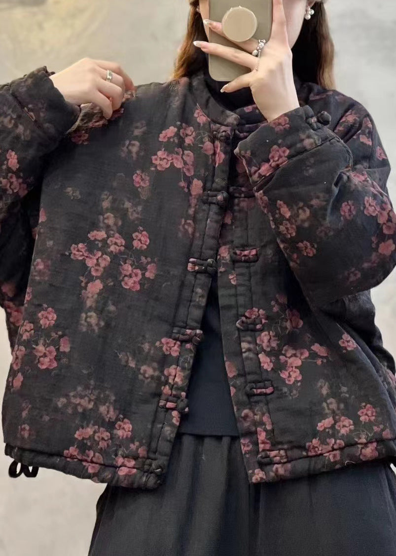 Loose Black Print Chinese Button Drawstring Fine Cotton Coats Batwing Sleeve