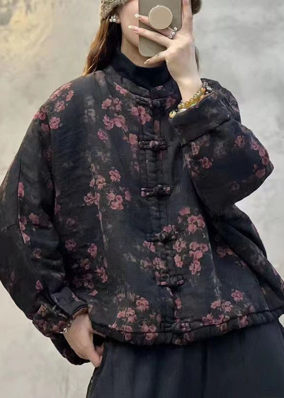 Loose Black Print Chinese Button Drawstring Fine Cotton Coats Batwing Sleeve
