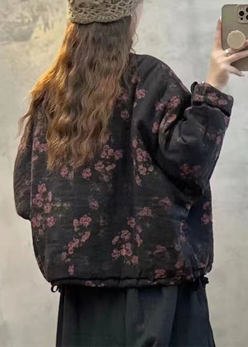 Loose Black Print Chinese Button Drawstring Fine Cotton Coats Batwing Sleeve