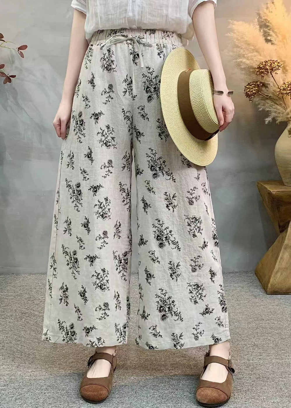 Loose Black Print Elastic Waist Linen Wide Leg Pants Summer
