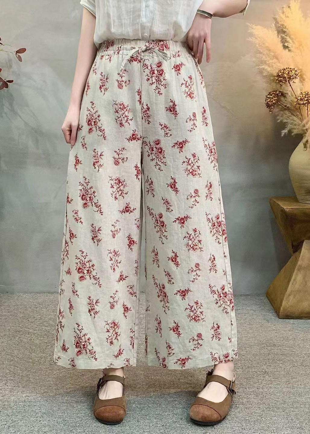 Loose Black Print Elastic Waist Linen Wide Leg Pants Summer