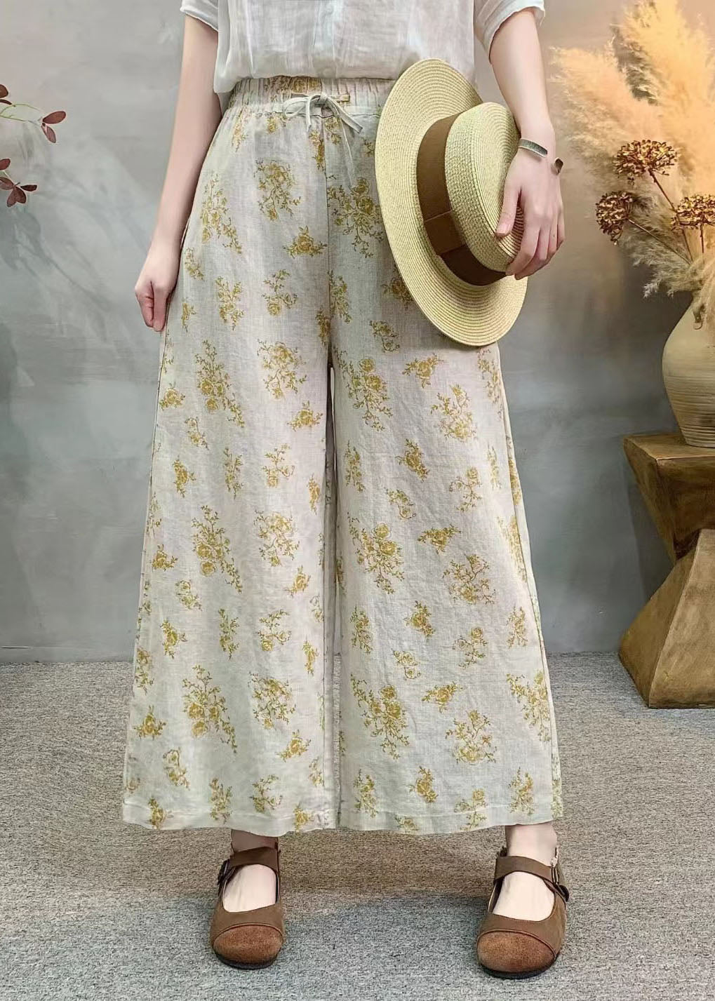 Loose Black Print Elastic Waist Linen Wide Leg Pants Summer