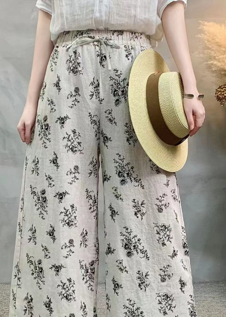 Loose Black Print Elastic Waist Linen Wide Leg Pants Summer