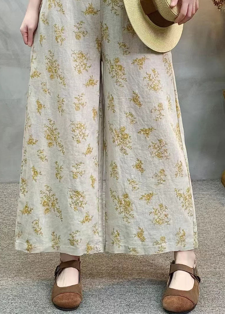 Loose Black Print Elastic Waist Linen Wide Leg Pants Summer