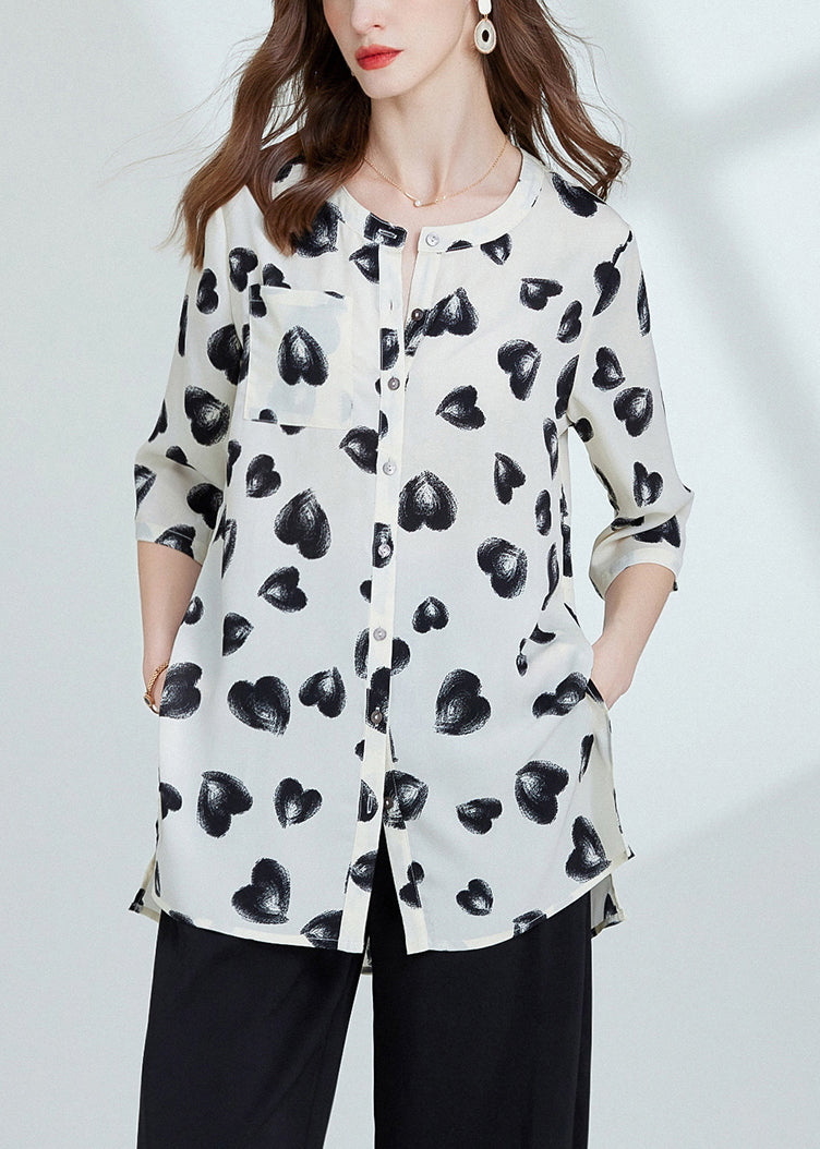 Loose Black Print Side Open Chiffon Blouses Bracelet Sleeve