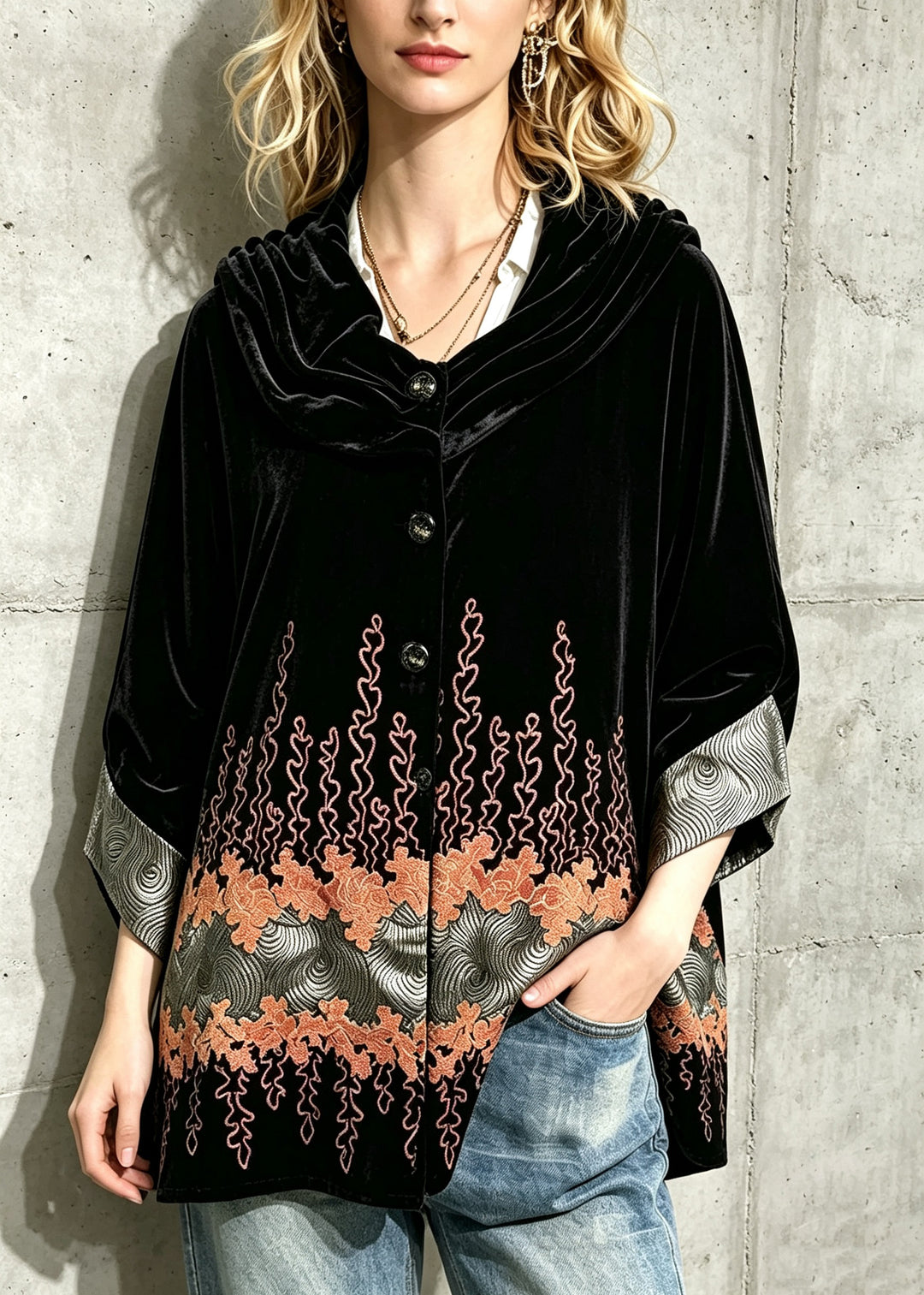 Loose Black Print Silk Velvet Coat Three Quarters Sleeve