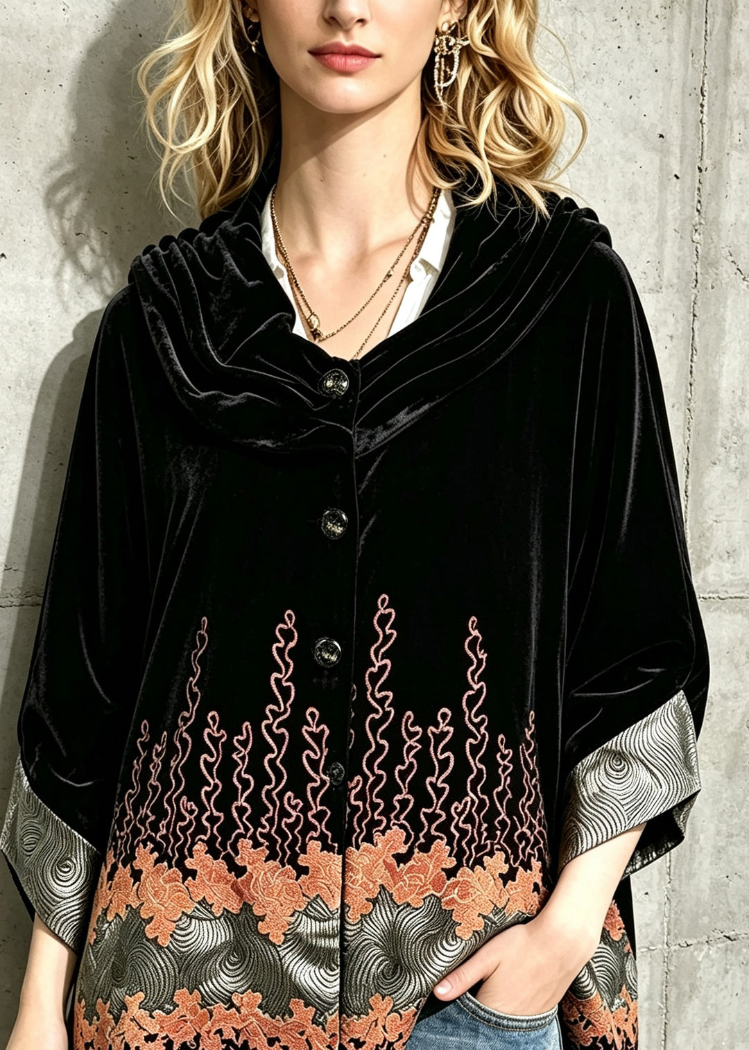 Loose Black Print Silk Velvet Coat Three Quarters Sleeve