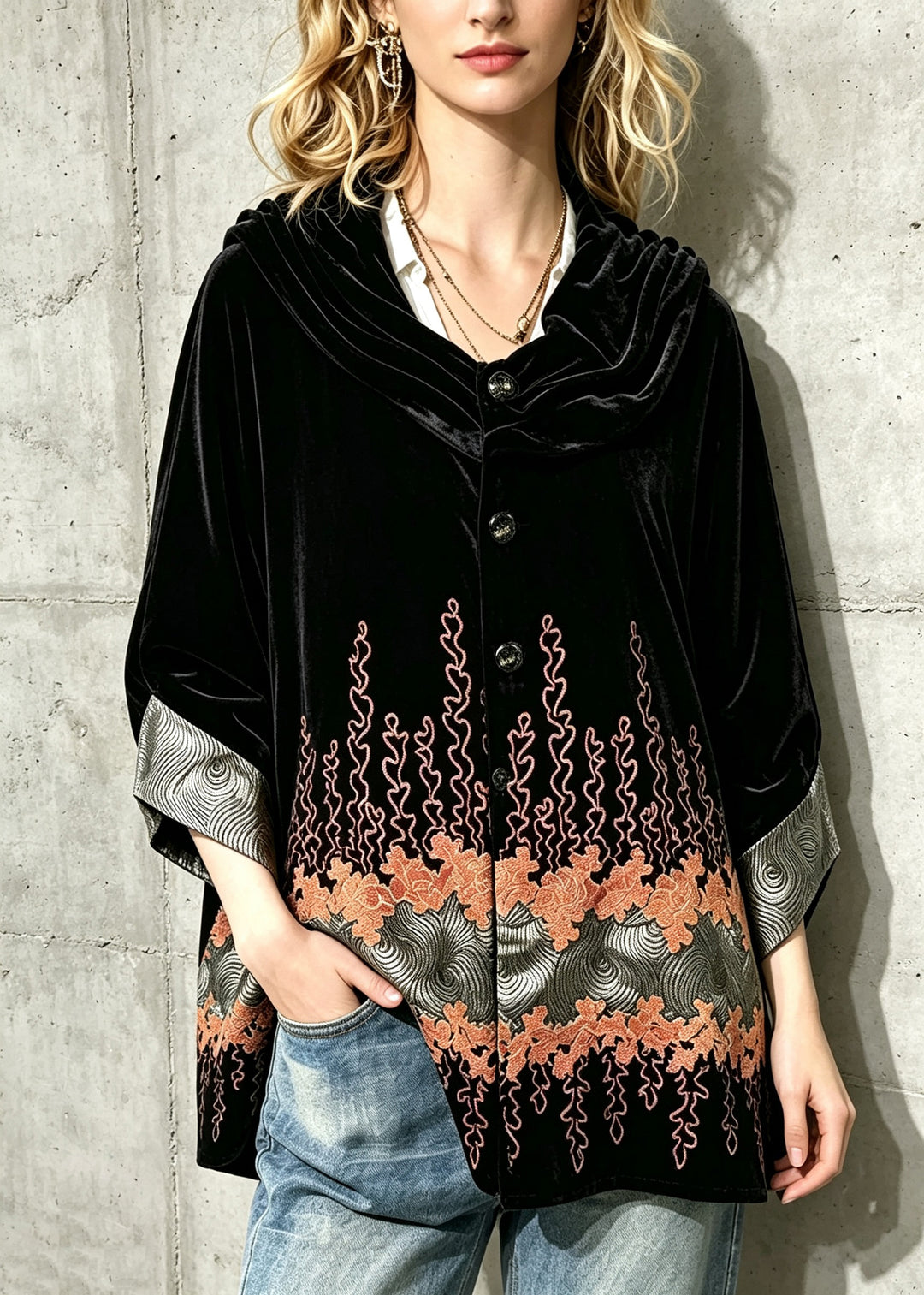 Loose Black Print Silk Velvet Coat Three Quarters Sleeve