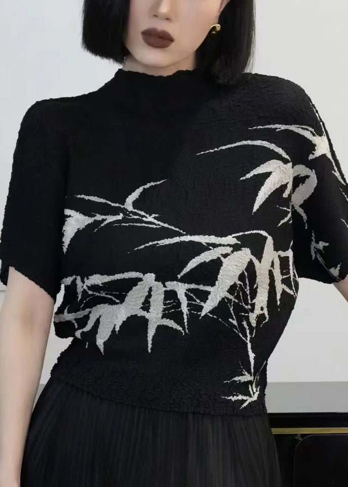 Loose Black Print Wrinkled Cotton T Shirt Summer