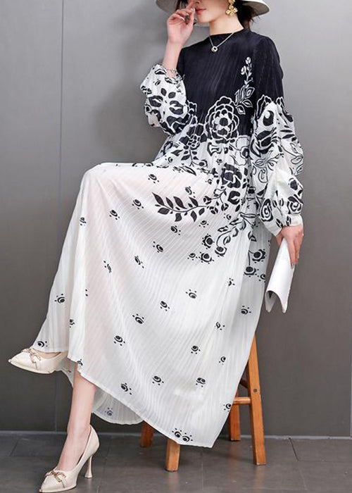 Loose Black Print Wrinkled Patchwork Cotton Long Dress Fall