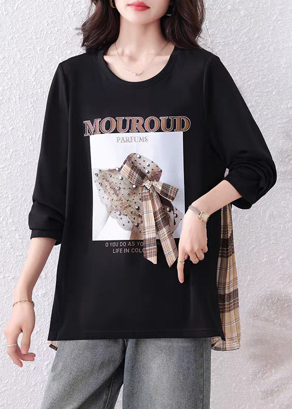 Loose Black Print Zircon Plaid Patchwork Cotton T Shirts Fall