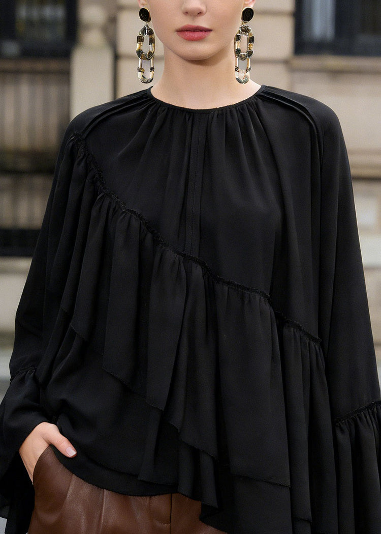 Loose Black Ruffled Asymmetrical Patchwork Chiffon Top Spring - Omychic