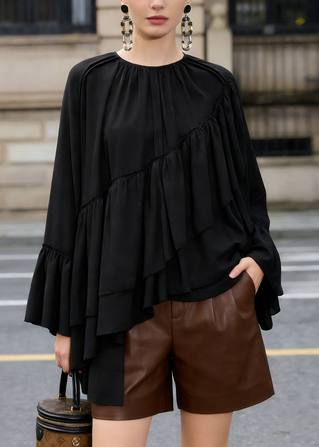 Loose Black Ruffled Asymmetrical Patchwork Chiffon Top Spring - Omychic