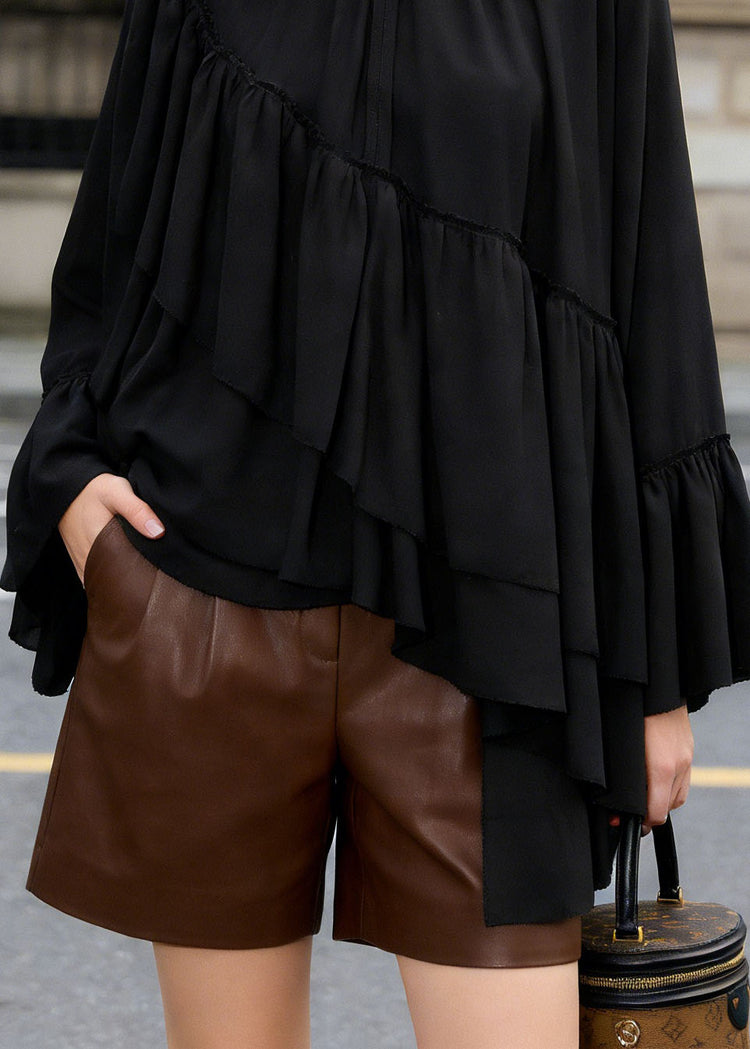 Loose Black Ruffled Asymmetrical Patchwork Chiffon Top Spring - Omychic