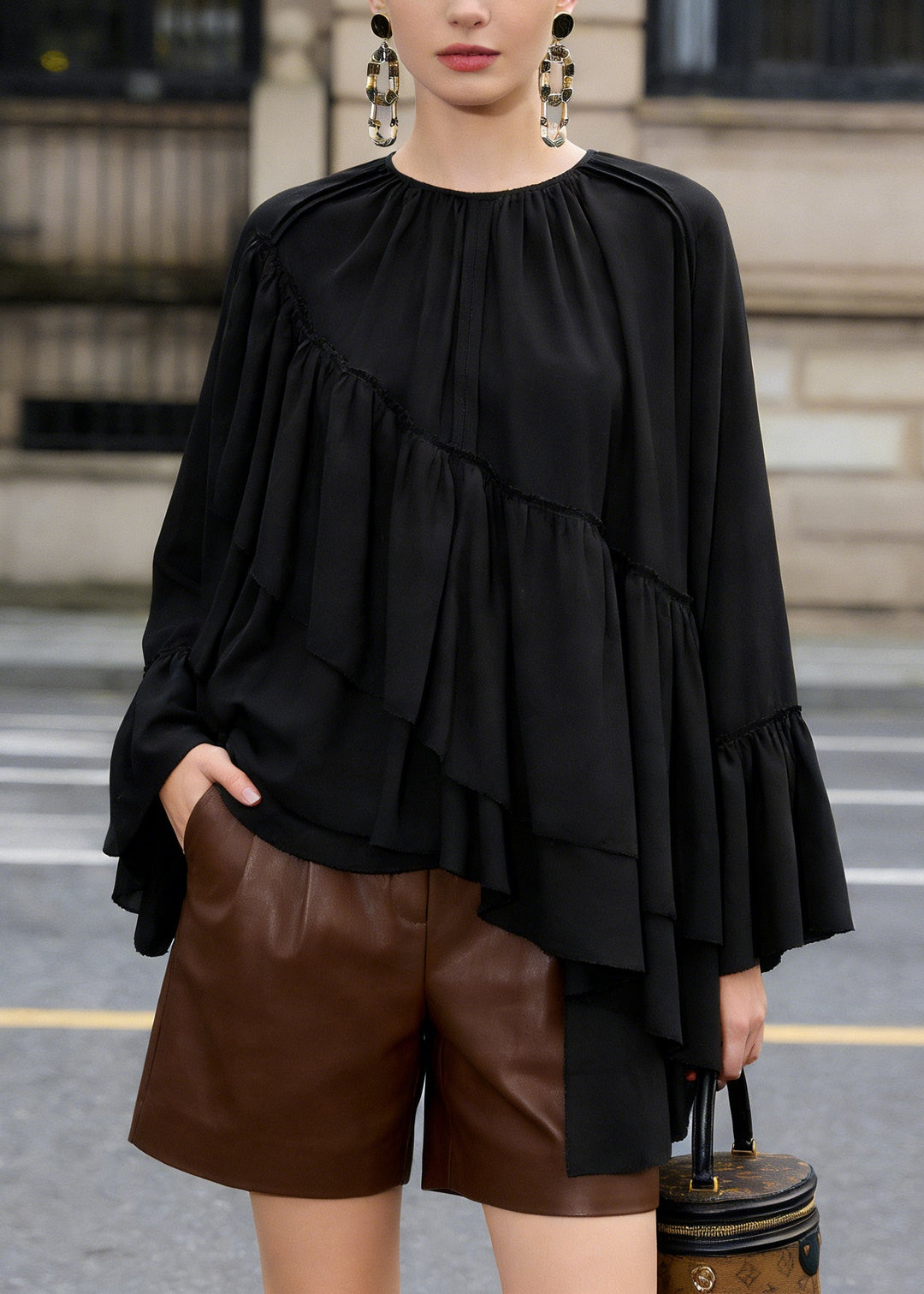 Loose Black Ruffled Asymmetrical Patchwork Chiffon Top Spring - Omychic