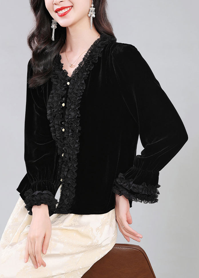 Loose Black Ruffled Button Silk Velour Shirt Fall