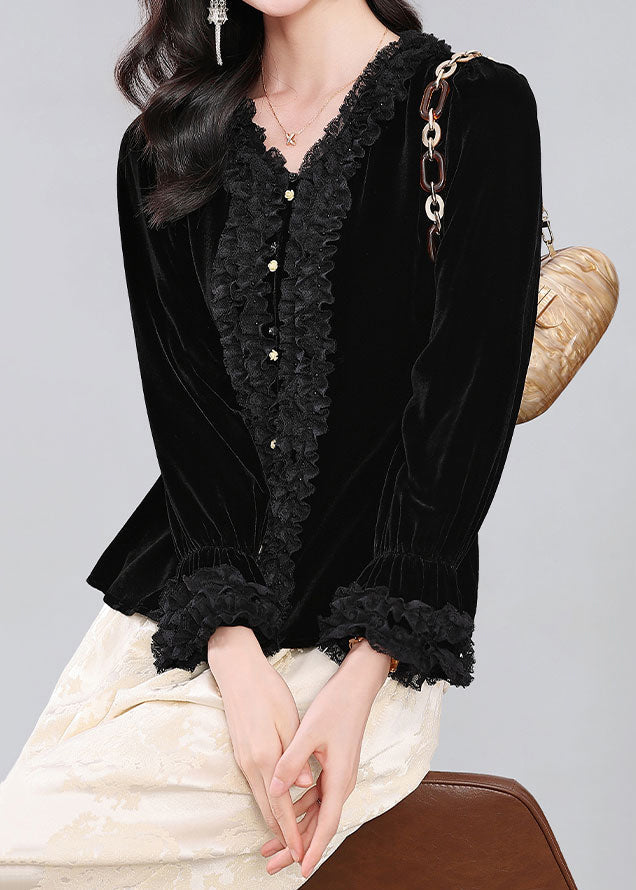 Loose Black Ruffled Button Silk Velour Shirt Fall
