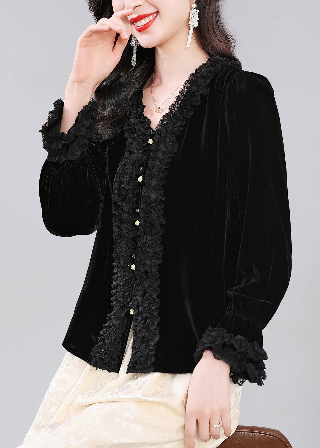 Loose Black Ruffled Button Silk Velour Shirt Fall