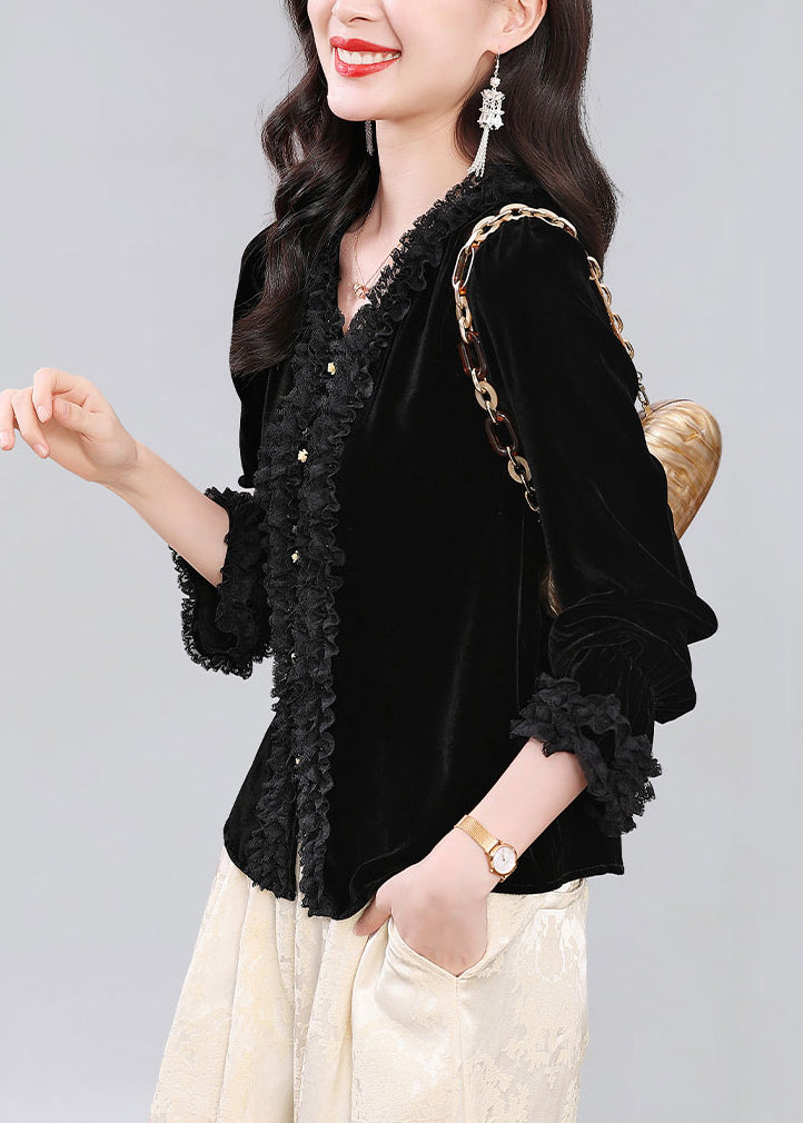 Loose Black Ruffled Button Silk Velour Shirt Fall