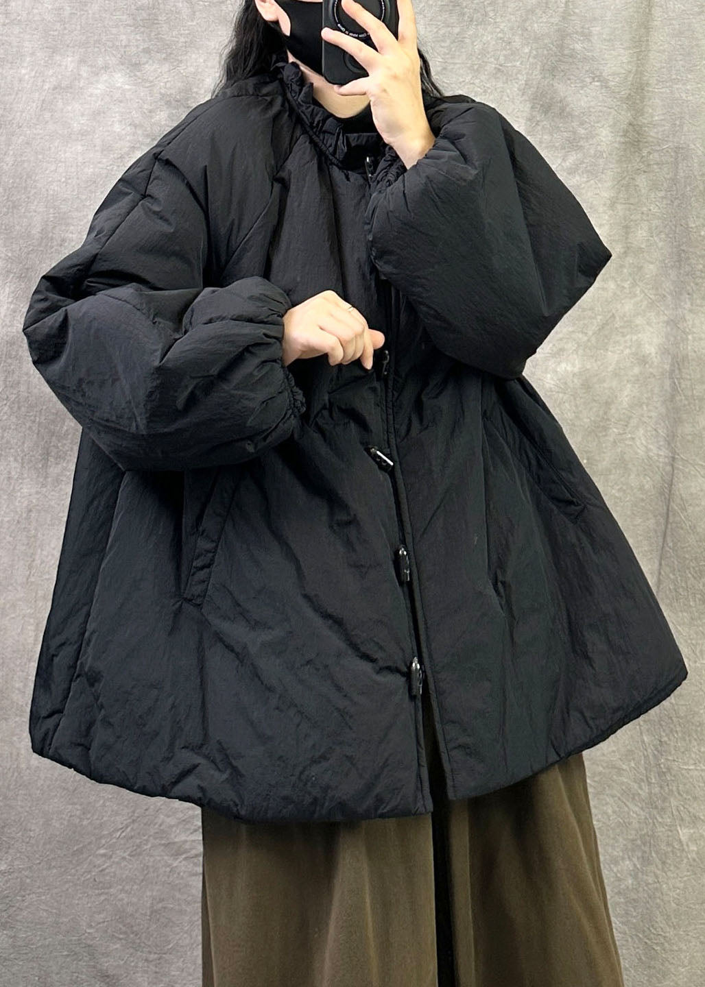Loose Black Ruffled Pockets Patchwork Fine Cotton Filled Coats Winter