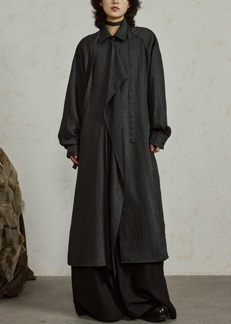 Loose Black Ruffled Tie Waist Cotton Shirts Coat Fall