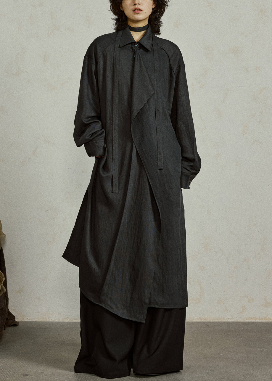 Loose Black Ruffled Tie Waist Cotton Shirts Coat Fall